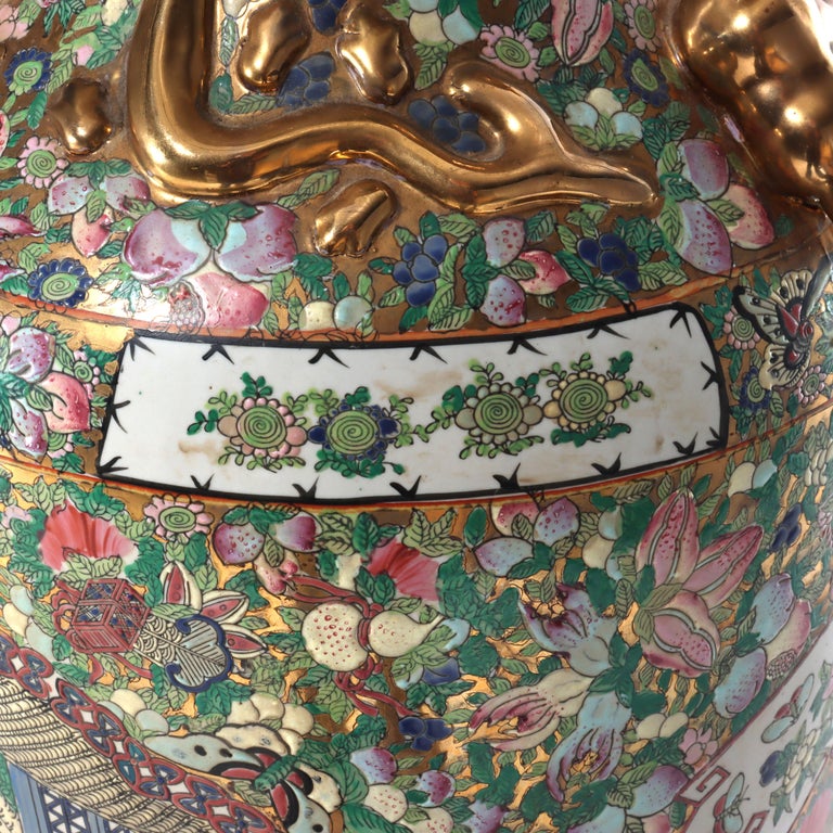 Monumental Vintage Chinese Rose Medallion Vase With Carved Hardwood Base 20thC