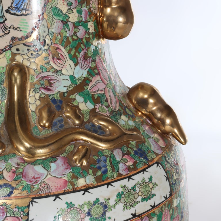 Monumental Vintage Chinese Rose Medallion Vase With Carved Hardwood Base 20thC