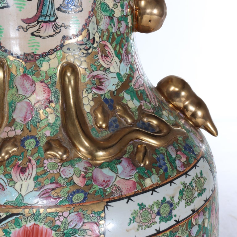 Monumental Vintage Chinese Rose Medallion Vase With Carved Hardwood Base 20thC