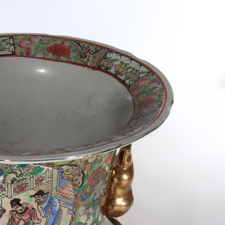 Monumental Vintage Chinese Rose Medallion Vase With Carved Hardwood Base 20thC