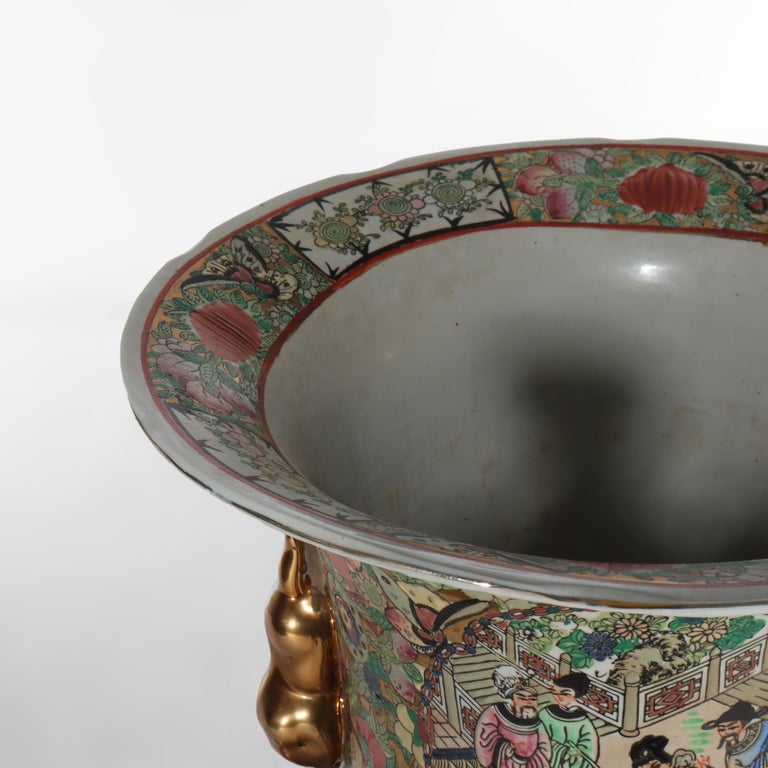 Monumental Vintage Chinese Rose Medallion Vase With Carved Hardwood Base 20thC