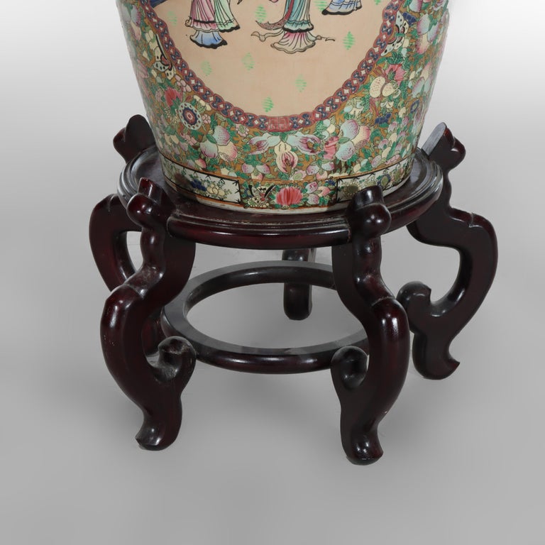 Monumental Vintage Chinese Rose Medallion Vase With Carved Hardwood Base 20thC