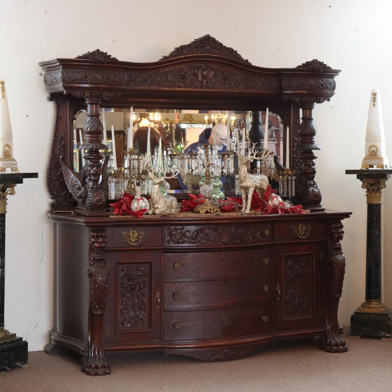 Monumental Antique RJ Horner Heavily Figural Winged Griffin Carved Oak Sideboard