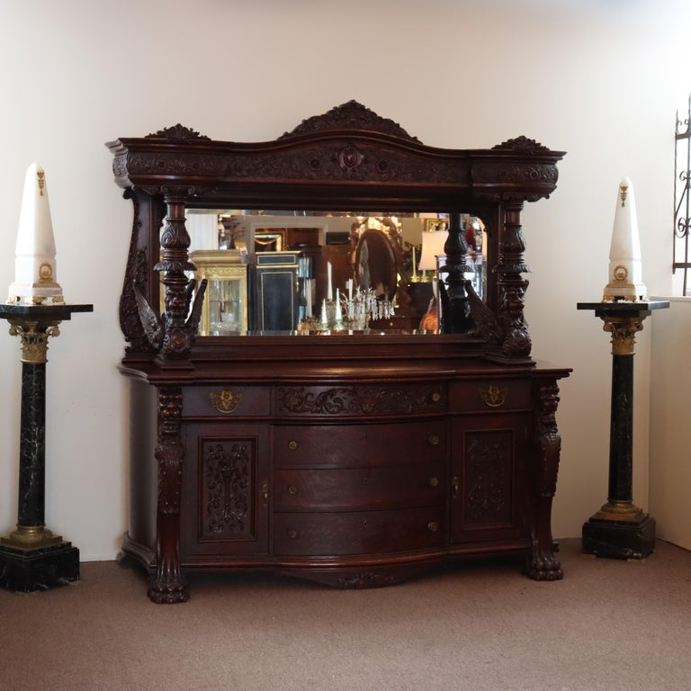 Monumental Antique RJ Horner Heavily Figural Winged Griffin Carved Oak Sideboard