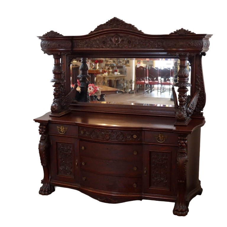 Monumental Antique RJ Horner Heavily Figural Winged Griffin Carved Oak Sideboard