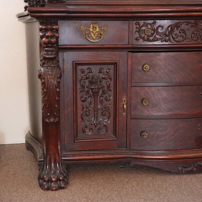 Monumental Antique RJ Horner Heavily Figural Winged Griffin Carved Oak Sideboard