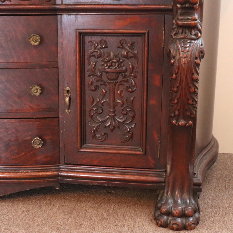 Monumental Antique RJ Horner Heavily Figural Winged Griffin Carved Oak Sideboard