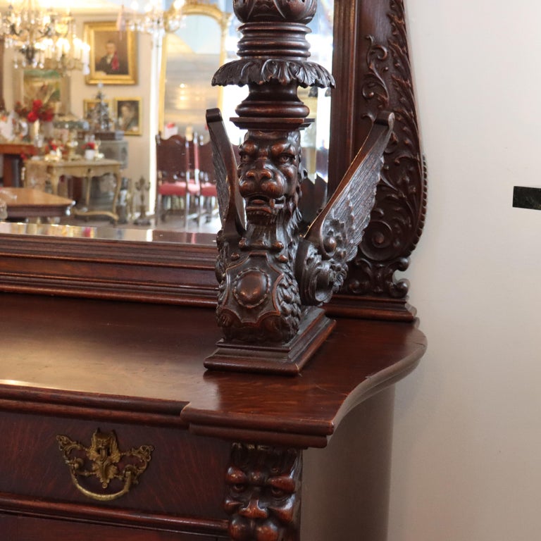 Monumental Antique RJ Horner Heavily Figural Winged Griffin Carved Oak Sideboard