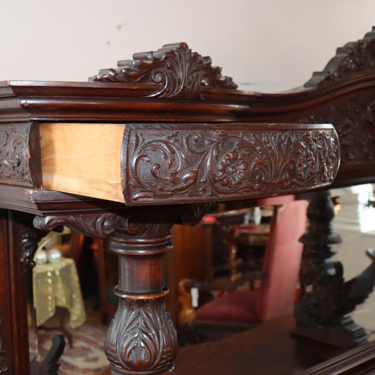 Monumental Antique RJ Horner Heavily Figural Winged Griffin Carved Oak Sideboard