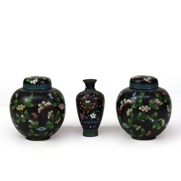 Three Antique Japanese Cloisonne: 2 Ginger Jars & 1 Vase Unsigned C1920