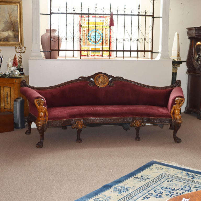 Antique Italian Baroque Figural Carved Walnut Curved Sofa with Women & Cherubs