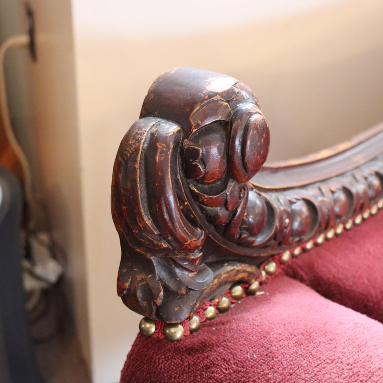 Antique Italian Baroque Figural Carved Walnut Curved Sofa with Women & Cherubs