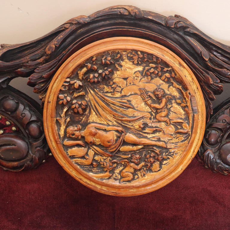 Antique Italian Baroque Figural Carved Walnut Curved Sofa with Women & Cherubs
