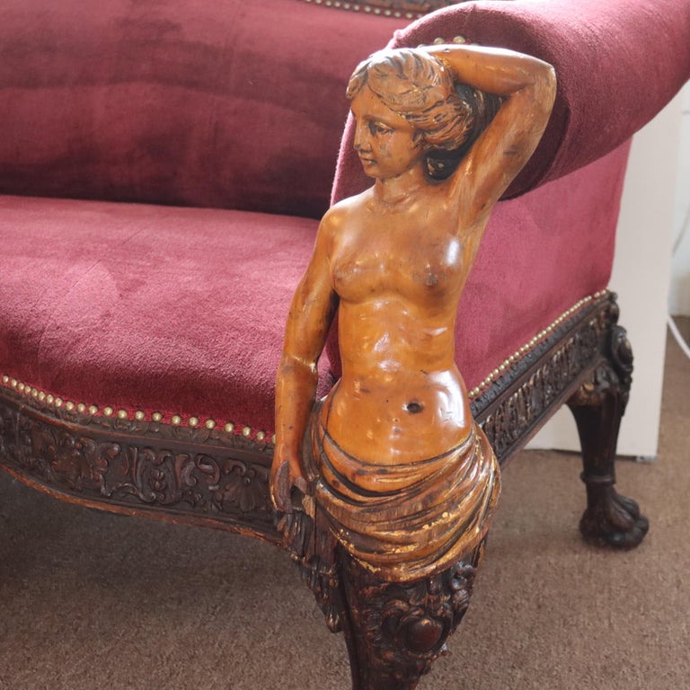 Antique Italian Baroque Figural Carved Walnut Curved Sofa with Women & Cherubs