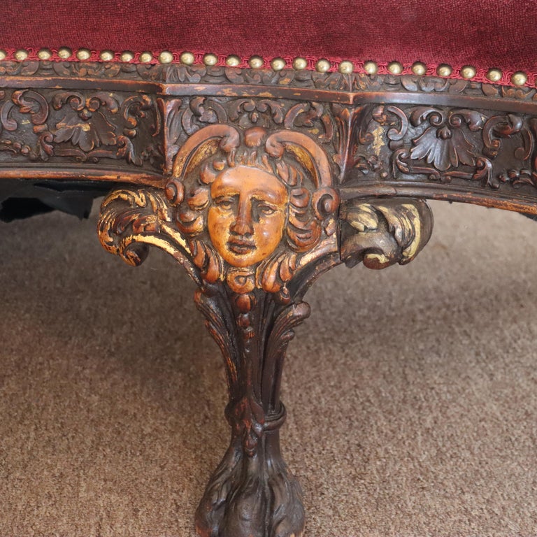Antique Italian Baroque Figural Carved Walnut Curved Sofa with Women & Cherubs