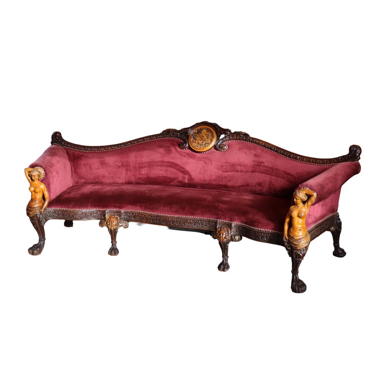 Antique Italian Baroque Figural Carved Walnut Curved Sofa with Women & Cherubs