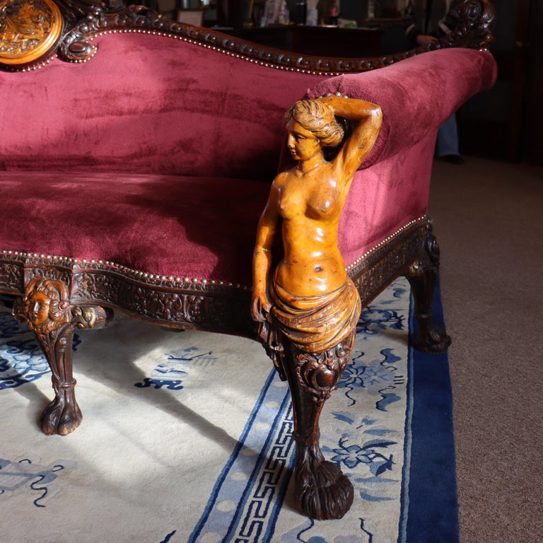 Antique Italian Baroque Figural Carved Walnut Curved Sofa with Women & Cherubs