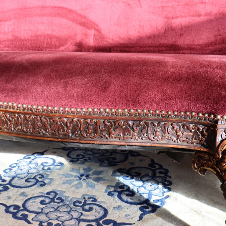 Antique Italian Baroque Figural Carved Walnut Curved Sofa with Women & Cherubs
