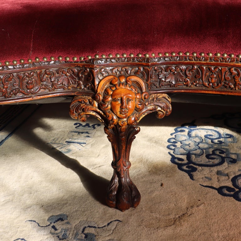 Antique Italian Baroque Figural Carved Walnut Curved Sofa with Women & Cherubs