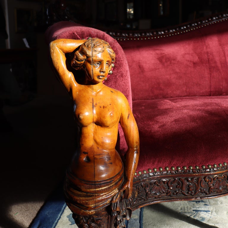 Antique Italian Baroque Figural Carved Walnut Curved Sofa with Women & Cherubs