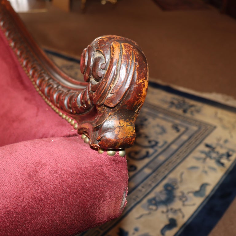 Antique Italian Baroque Figural Carved Walnut Curved Sofa with Women & Cherubs