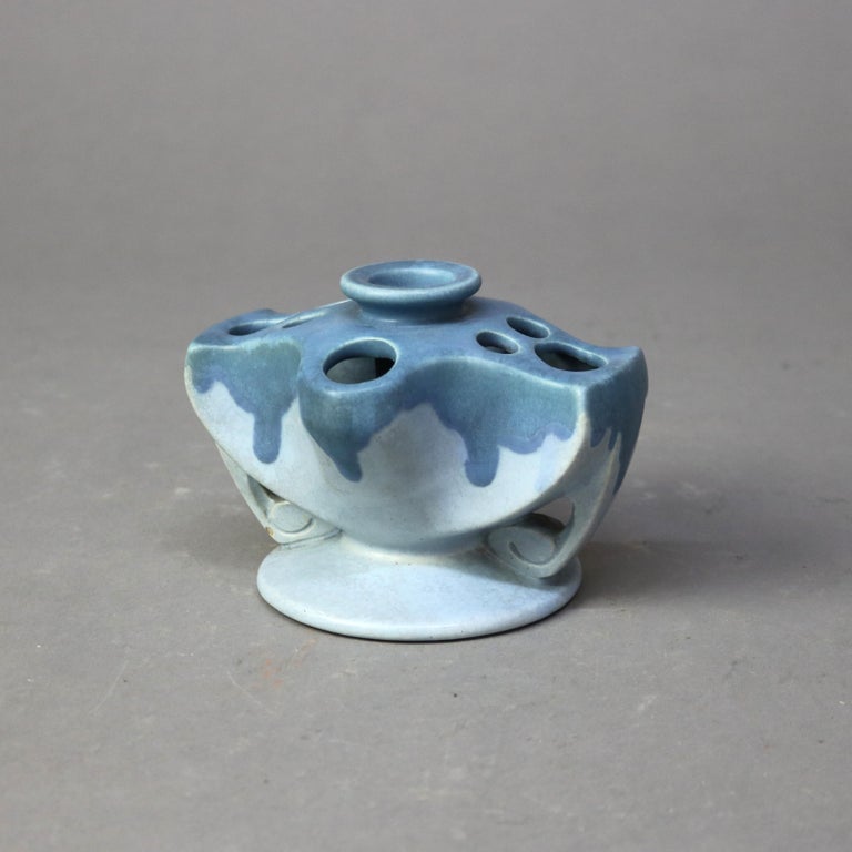 Antique Rare Roseville Art Pottery Blue Flower Frog Candlestick Holder C1920