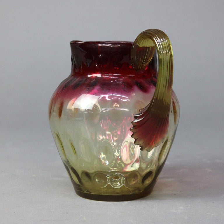 Antique Mt. Washington School Cranberry to Amber Coinspot Glass Water Pitcher