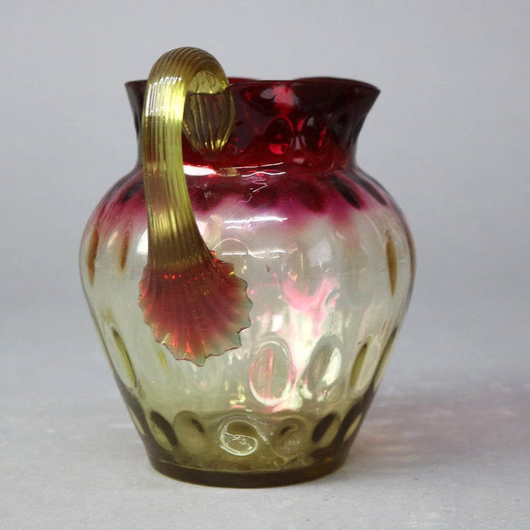 Antique Mt. Washington School Cranberry to Amber Coinspot Glass Water Pitcher