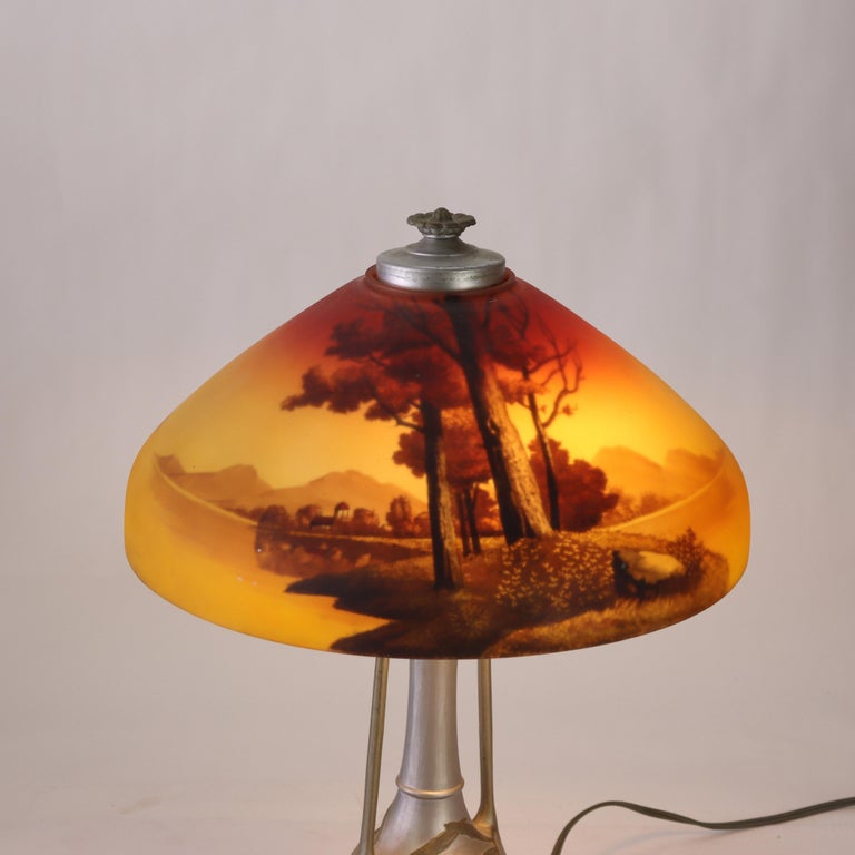 Antique Phoenix Reverse Painted Table Lamp With Landscape Scene c1920