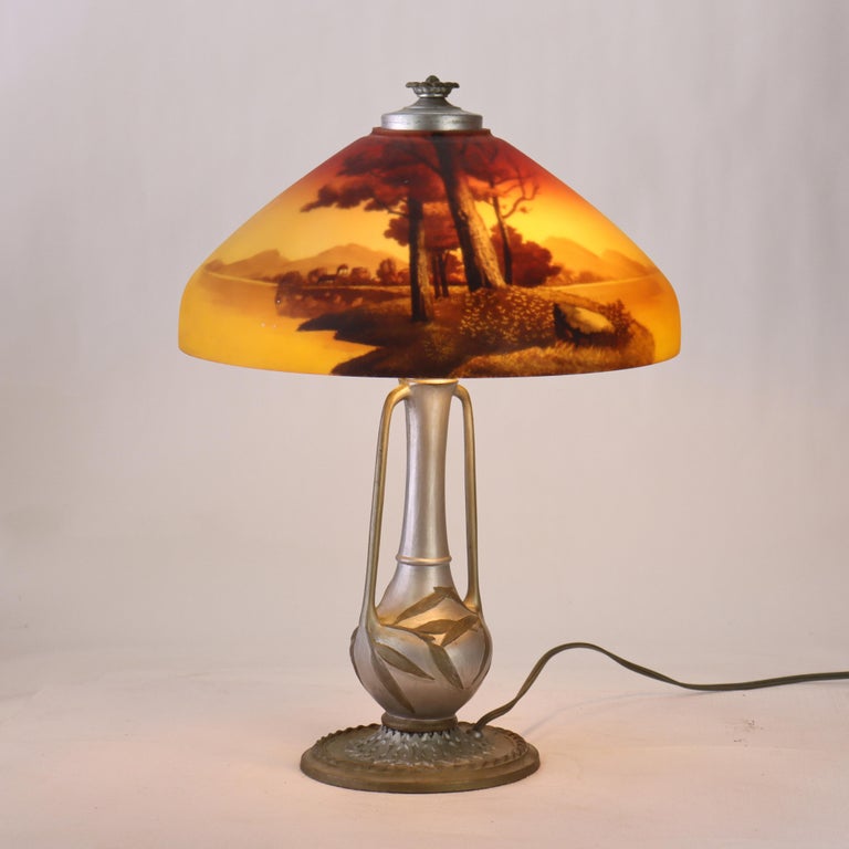 Antique Phoenix Reverse Painted Table Lamp With Landscape Scene c1920