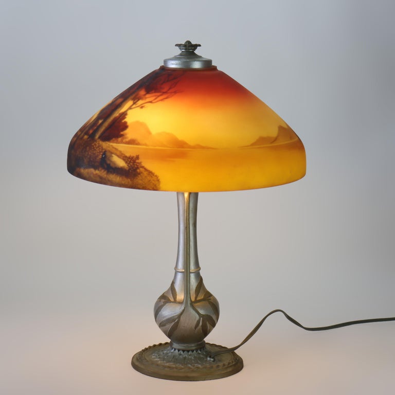 Antique Phoenix Reverse Painted Table Lamp With Landscape Scene c1920