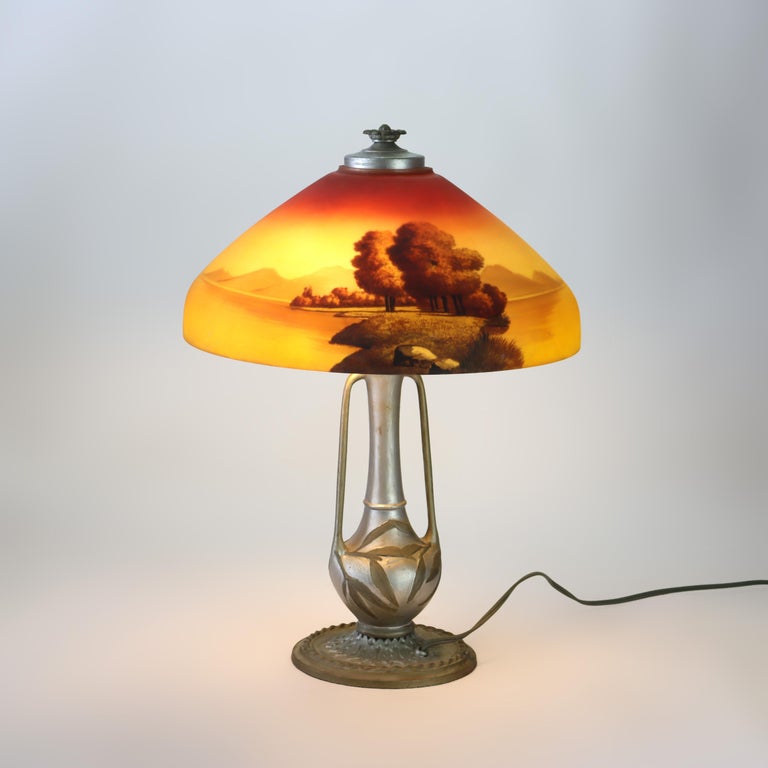 Antique Phoenix Reverse Painted Table Lamp With Landscape Scene c1920