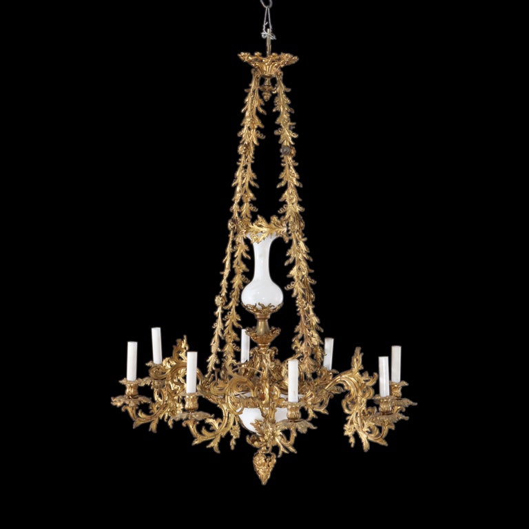 Antique French Louis XIV Gilt Bronze & Opaline Glass Candelabra Chandelier 19thC