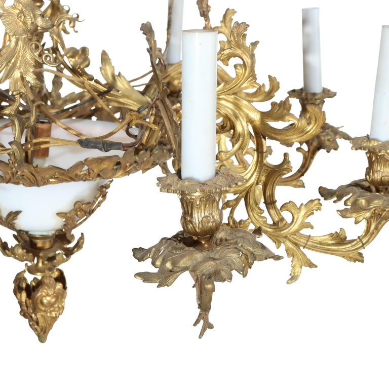 Antique French Louis XIV Gilt Bronze & Opaline Glass Candelabra Chandelier 19thC