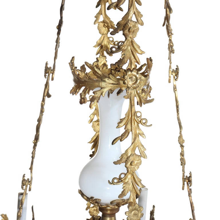Antique French Louis XIV Gilt Bronze & Opaline Glass Candelabra Chandelier 19thC