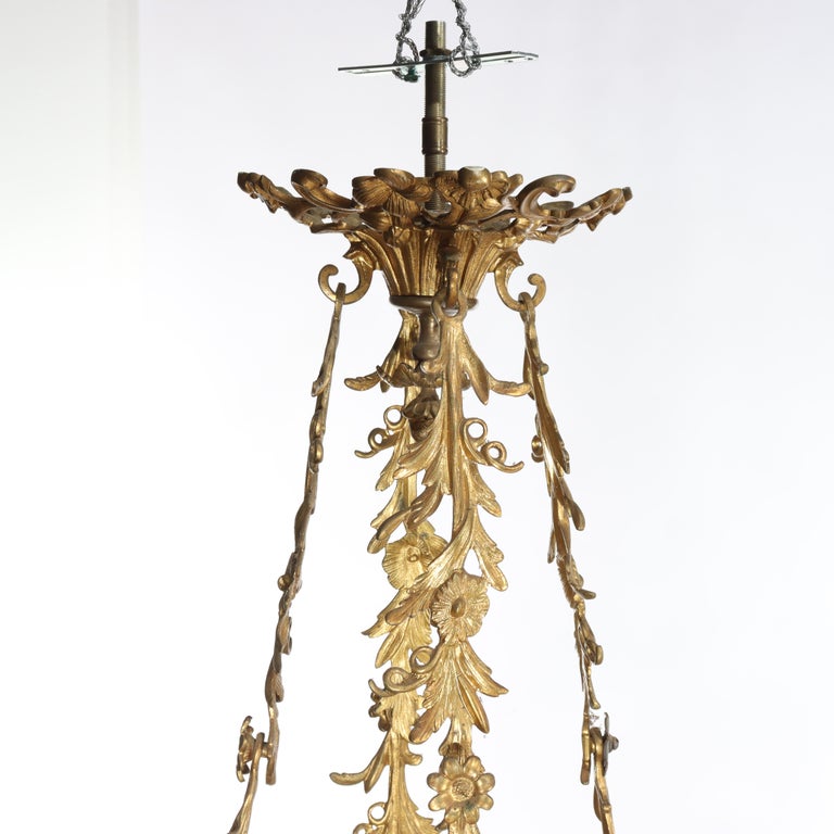 Antique French Louis XIV Gilt Bronze & Opaline Glass Candelabra Chandelier 19thC