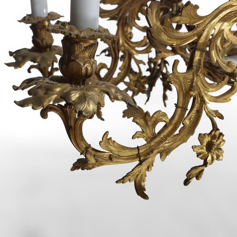 Antique French Louis XIV Gilt Bronze & Opaline Glass Candelabra Chandelier 19thC