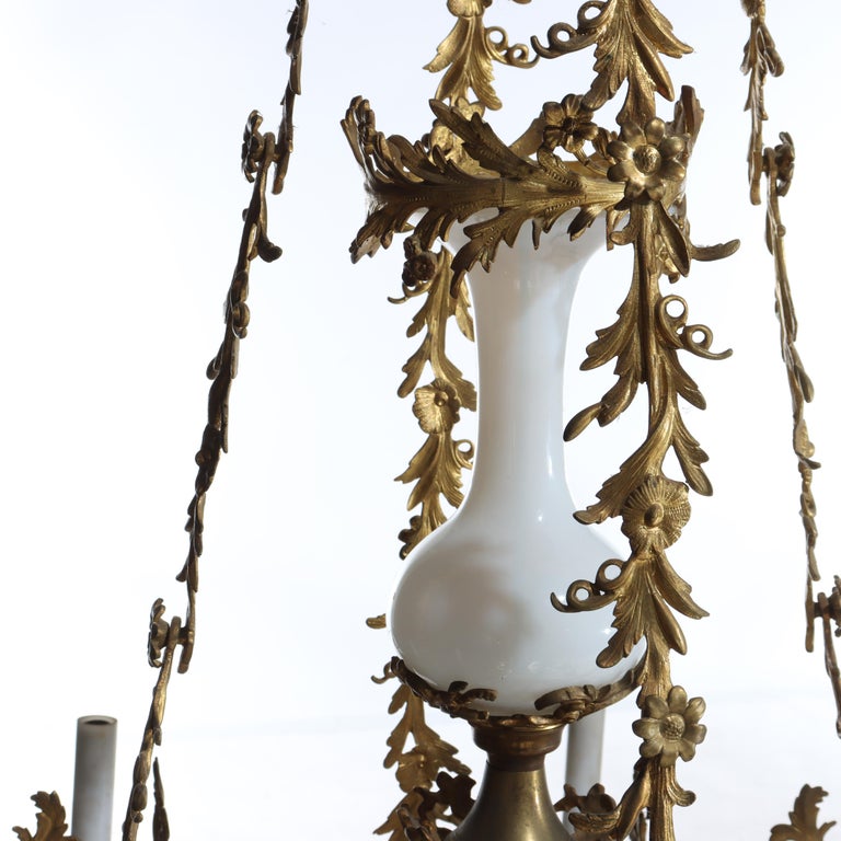Antique French Louis XIV Gilt Bronze & Opaline Glass Candelabra Chandelier 19thC