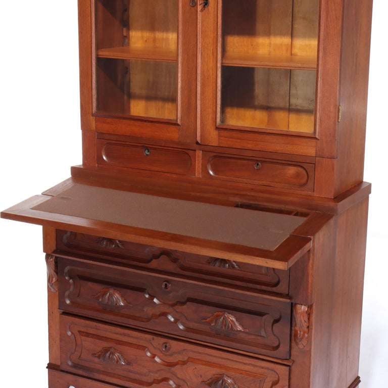 Antique Renaissance Revival Victorian Carved Walnut & Burl Secretary c1890