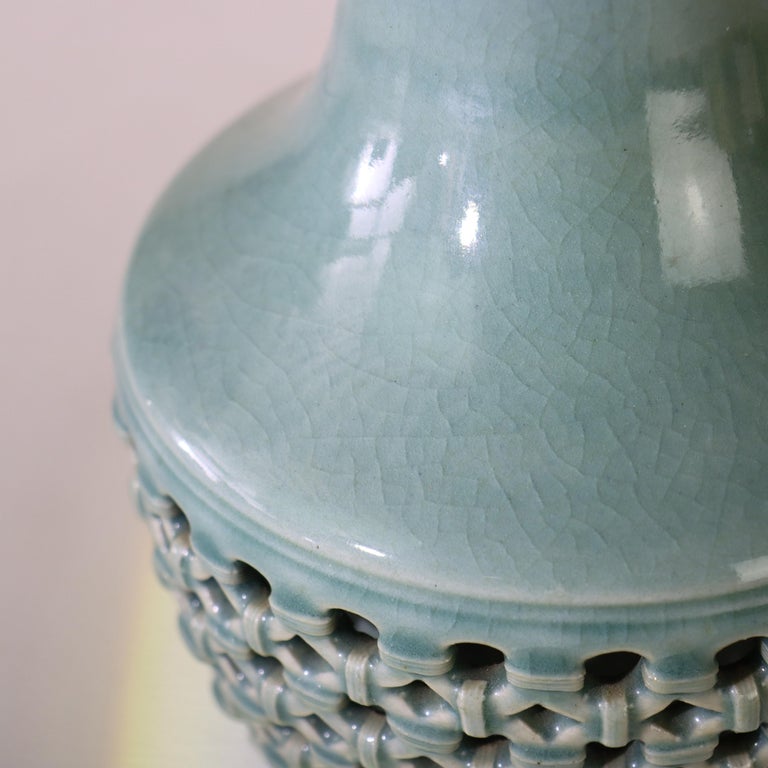 Antique Japanese Reticulated Celadon Pottery Vase Signed C1920