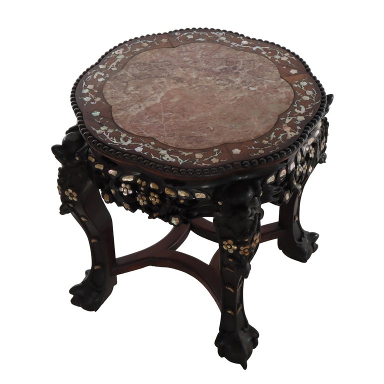 Chinese Floral Carved Rosewood Rouge Marble Top Stand With Mother of Pearl Inlay