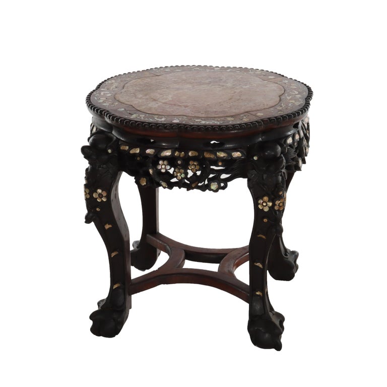 Chinese Floral Carved Rosewood Rouge Marble Top Stand With Mother of Pearl Inlay