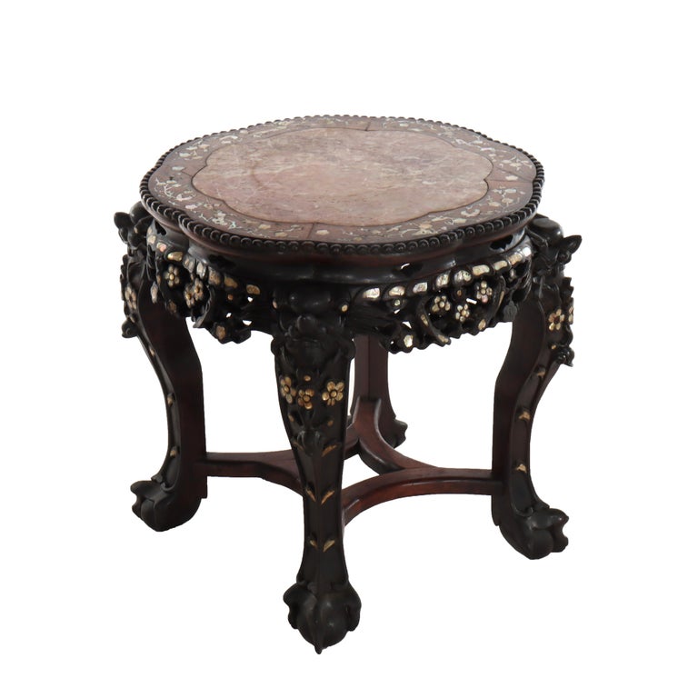 Chinese Floral Carved Rosewood Rouge Marble Top Stand With Mother of Pearl Inlay