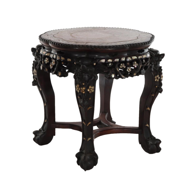 Chinese Floral Carved Rosewood Rouge Marble Top Stand With Mother of Pearl Inlay