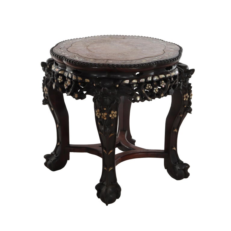 Chinese Floral Carved Rosewood Rouge Marble Top Stand With Mother of Pearl Inlay