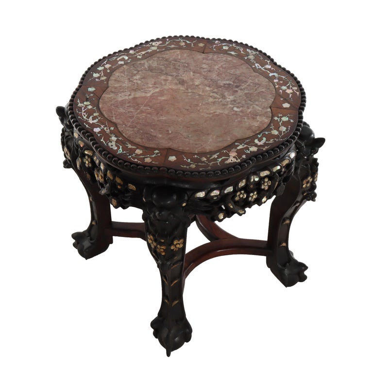 Chinese Floral Carved Rosewood Rouge Marble Top Stand With Mother of Pearl Inlay