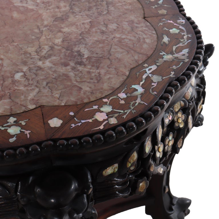 Chinese Floral Carved Rosewood Rouge Marble Top Stand With Mother of Pearl Inlay