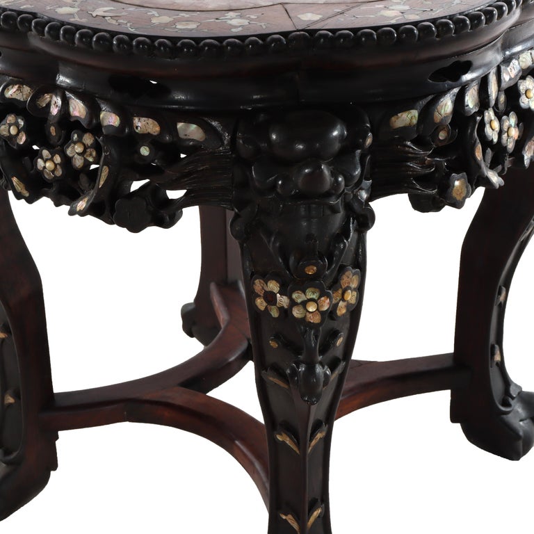 Chinese Floral Carved Rosewood Rouge Marble Top Stand With Mother of Pearl Inlay