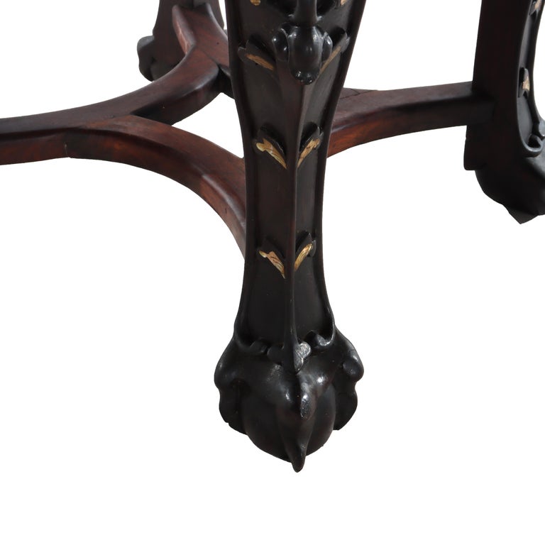 Chinese Floral Carved Rosewood Rouge Marble Top Stand With Mother of Pearl Inlay