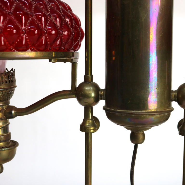 Antique Harvard Brass Double Student Lamp With Ribbed Red Shades